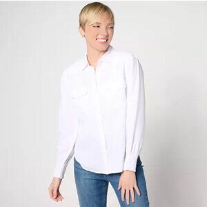 Side Stitch Flap Pocket Button-Front Top White Sz. S